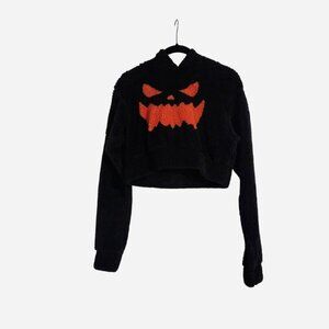 black and orange cropped sherpa hoodie from Hot Topic